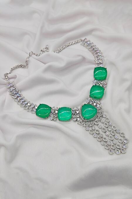 Kavipushp_Silver Plated Chains Green Stone Beaded Necklace Set _Online_at_Aza_Fashions
