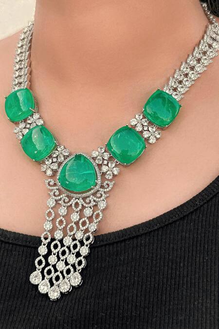 Buy_Kavipushp_Silver Plated Chains Green Stone Beaded Necklace Set _Online_at_Aza_Fashions