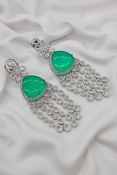 Shop_Kavipushp_Silver Plated Chains Green Stone Beaded Necklace Set _Online_at_Aza_Fashions