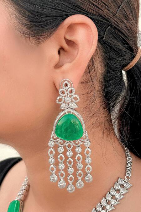 Kavipushp_Silver Plated Chains Green Stone Beaded Necklace Set _at_Aza_Fashions