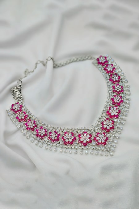 Kavipushp_Pink Crystals, Stones Eternal Flower Necklace Bling Set _Online_at_Aza_Fashions
