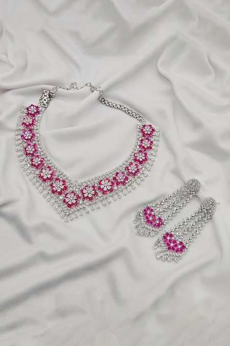 Shop_Kavipushp_Pink Crystals, Stones Eternal Flower Necklace Bling Set _Online_at_Aza_Fashions