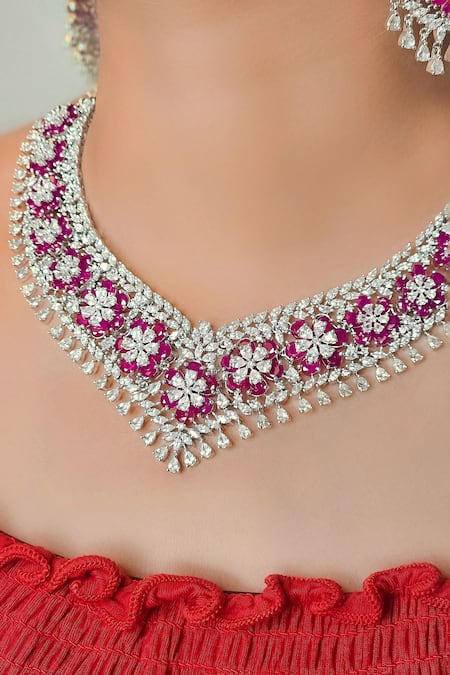 Kavipushp_Pink Crystals, Stones Eternal Flower Necklace Bling Set _at_Aza_Fashions