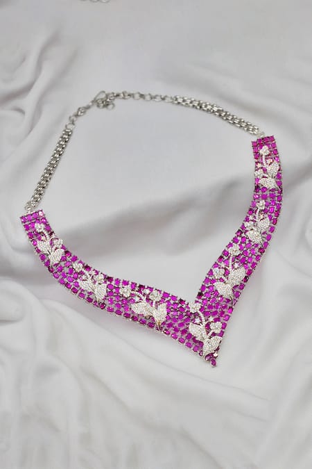 Buy_Kavipushp_Pink Imitation Diamonds Mozambique Stone And Necklace Set _Online_at_Aza_Fashions