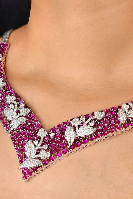 Shop_Kavipushp_Pink Imitation Diamonds Mozambique Stone And Necklace Set _Online_at_Aza_Fashions