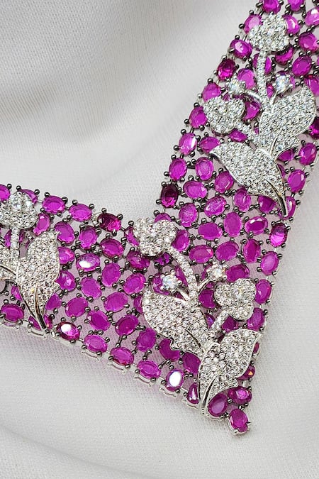 Kavipushp_Pink Imitation Diamonds Mozambique Stone And Necklace Set _at_Aza_Fashions