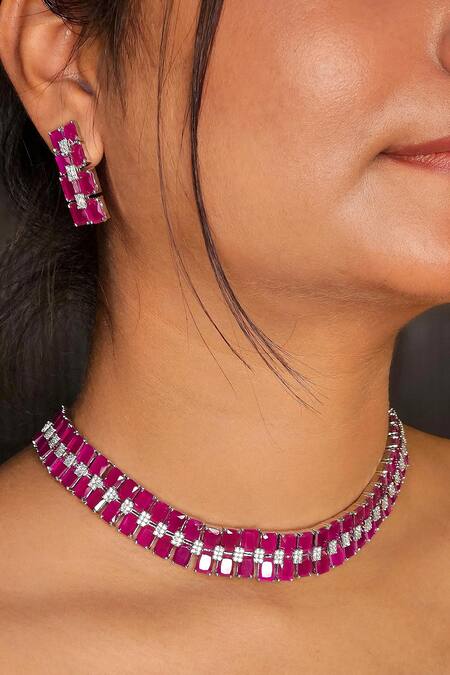 Shop_Kavipushp_Pink Stones Elegant Fancy 2-layer Necklace Set _Online_at_Aza_Fashions