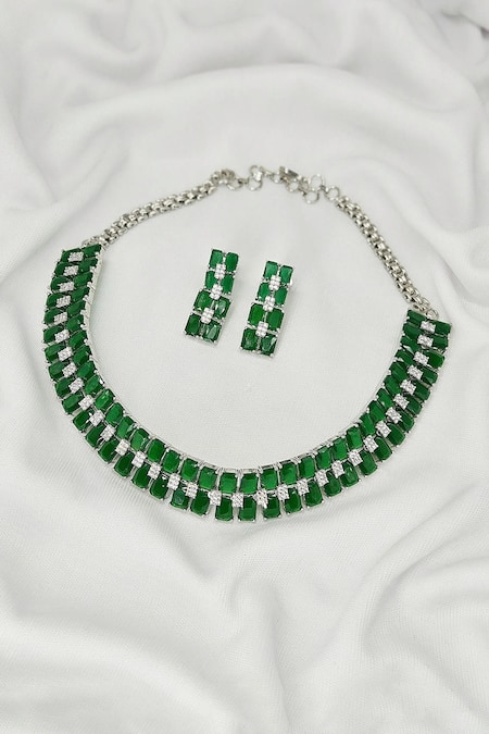 Kavipushp_Green Stones Elegant Fancy 2-layer Studded Necklace Set _Online_at_Aza_Fashions