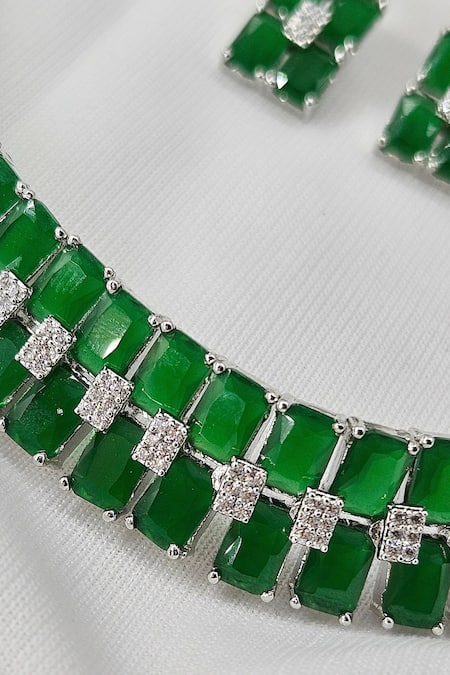 Shop_Kavipushp_Green Stones Elegant Fancy 2-layer Studded Necklace Set _Online_at_Aza_Fashions
