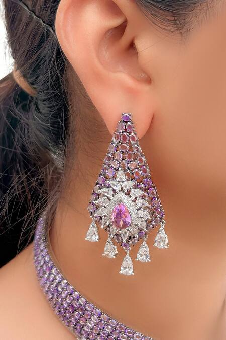 Kavipushp_Purple Stones Flower Collar Elegant Necklace Set _Online_at_Aza_Fashions