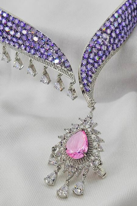 Shop_Kavipushp_Purple Stones Flower Collar Elegant Necklace Set _Online_at_Aza_Fashions