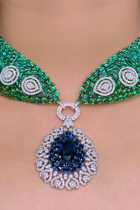 Kavipushp_Green Crystals, Stones Cz Choker Necklace Set _Online_at_Aza_Fashions