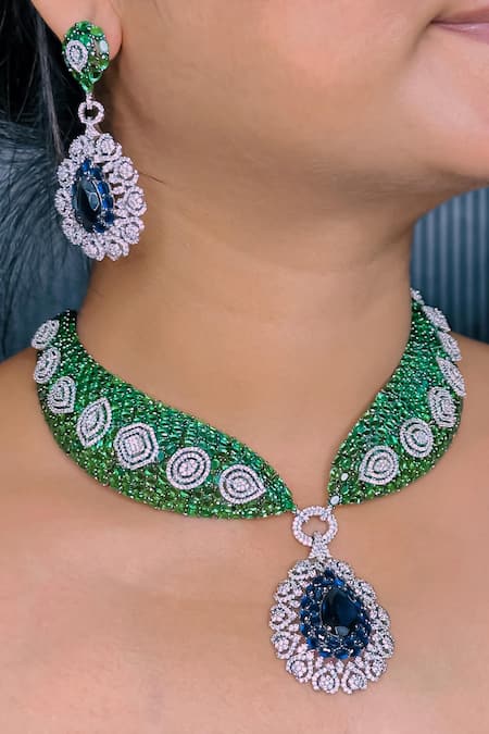 kavipushp Cz Green Stone Choker Necklace Jewellery Set 
