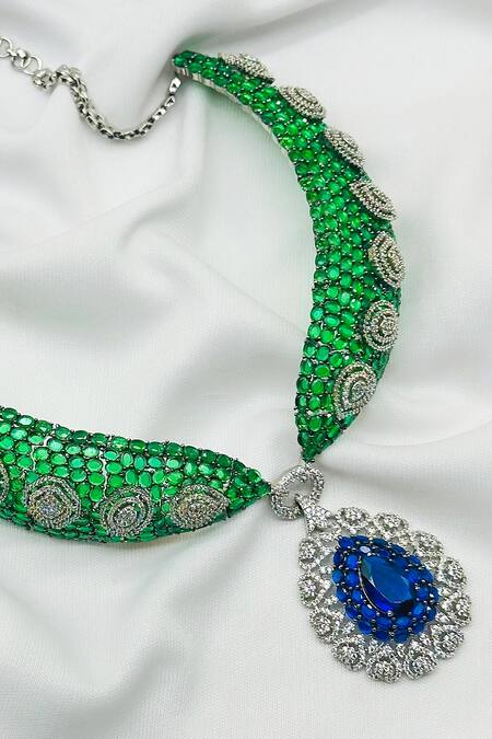Buy_Kavipushp_Green Crystals, Stones Cz Choker Necklace Set _Online_at_Aza_Fashions