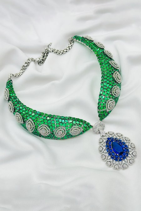 Shop_Kavipushp_Green Crystals, Stones Cz Choker Necklace Set _Online_at_Aza_Fashions