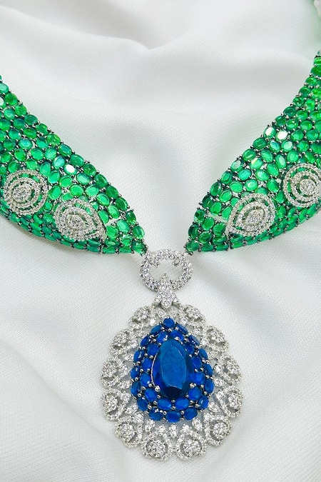 Kavipushp_Green Crystals, Stones Cz Choker Necklace Set _at_Aza_Fashions