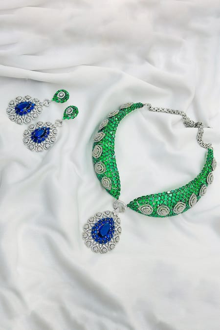 Kavipushp CZ Green Stone Choker Necklace Set 