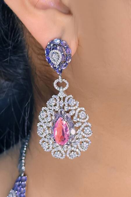 Kavipushp_Purple Crystals Cz Pink Stone Choker Necklace Set _Online_at_Aza_Fashions