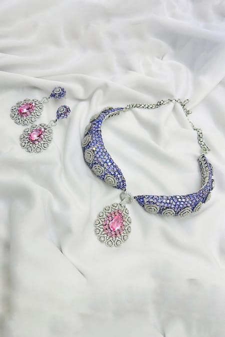 Buy_Kavipushp_Purple Crystals Cz Pink Stone Choker Necklace Set _Online_at_Aza_Fashions
