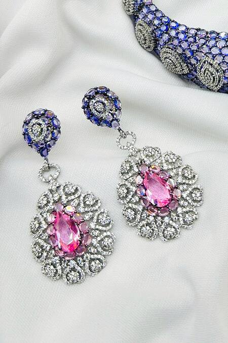 Shop_Kavipushp_Purple Crystals Cz Pink Stone Choker Necklace Set _Online_at_Aza_Fashions