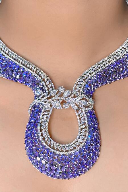 Kavipushp_Purple Imitation Diamonds Ad Stone Choker Necklace Set _Online_at_Aza_Fashions