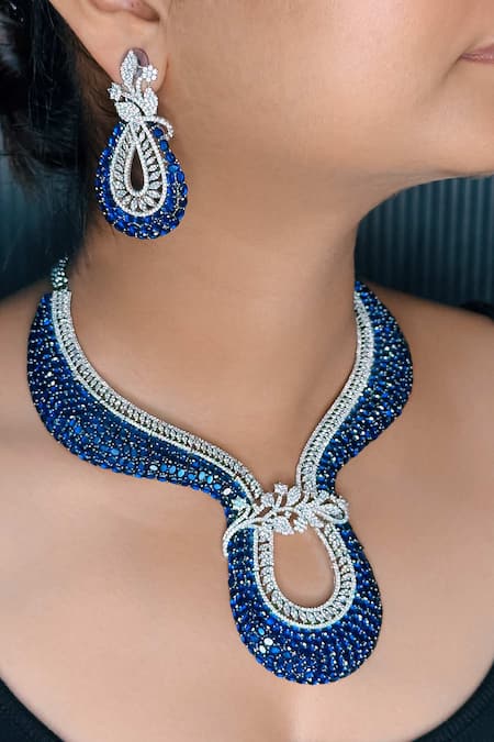 Kavipushp_Blue Imitation Diamonds Ad Stone Choker Necklace Set _Online_at_Aza_Fashions