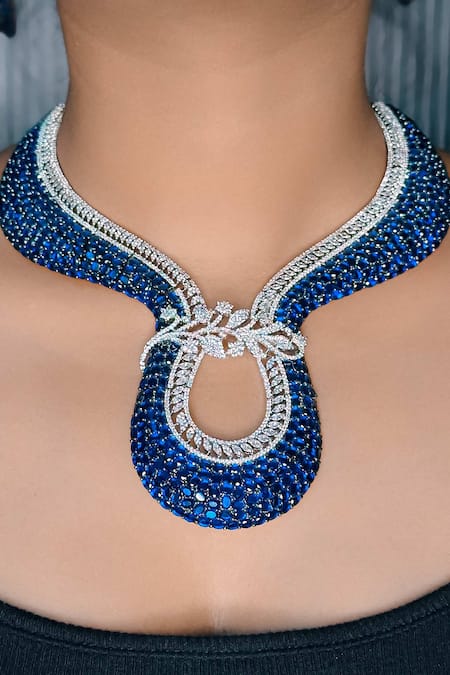 Buy_Kavipushp_Blue Imitation Diamonds Ad Stone Choker Necklace Set _Online_at_Aza_Fashions