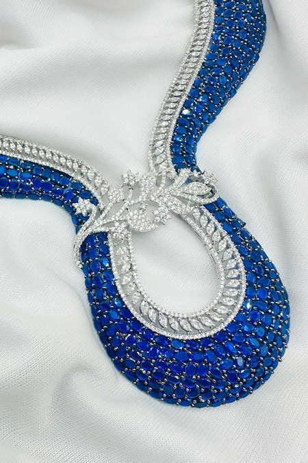 Shop_Kavipushp_Blue Imitation Diamonds Ad Stone Choker Necklace Set _Online_at_Aza_Fashions