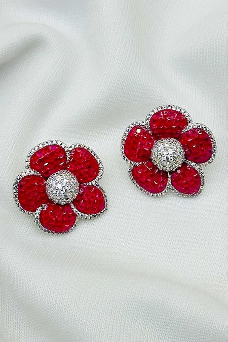 Kavipushp_Pink Elegant And Silver Stud Earrings _Online_at_Aza_Fashions