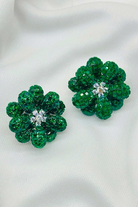 Kavipushp_Green Diamonds, Stones Diamond-studded Emerald Drop Earrings _Online_at_Aza_Fashions