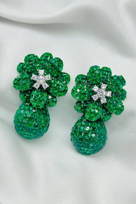 Kavipushp_Green Diamonds, Stones Emerald White Drop Earring Set _Online_at_Aza_Fashions