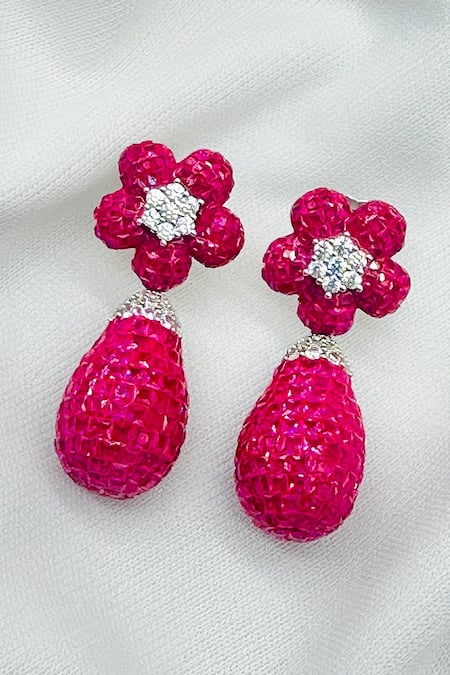 Shop_Kavipushp_Pink Diamonds Emerald Drop Earrings Set _at_Aza_Fashions