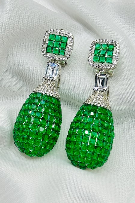 Kavipushp_Green And Silver Stud Earrings _Online_at_Aza_Fashions