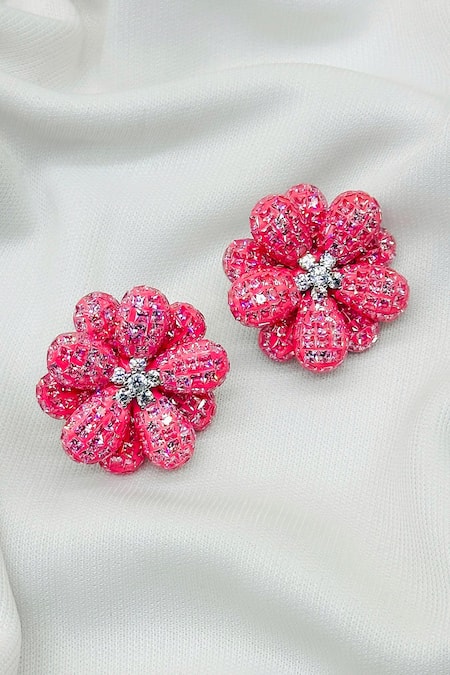 Kavipushp Diamond-Studded Pink Flower Earrings 