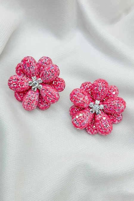 Kavipushp_Pink Imitation Diamonds Diamond-studded Flower Earrings _Online_at_Aza_Fashions