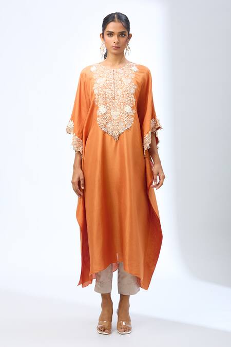 Prisho Orange Tassels, Embroidery Round Neck 3d Flower Kaftan Set Online at Aza Fashions Prisho_Orange Tassels, Embroidery Round Neck 3d Flower Kaftan Set _Online_at_Aza_Fashions