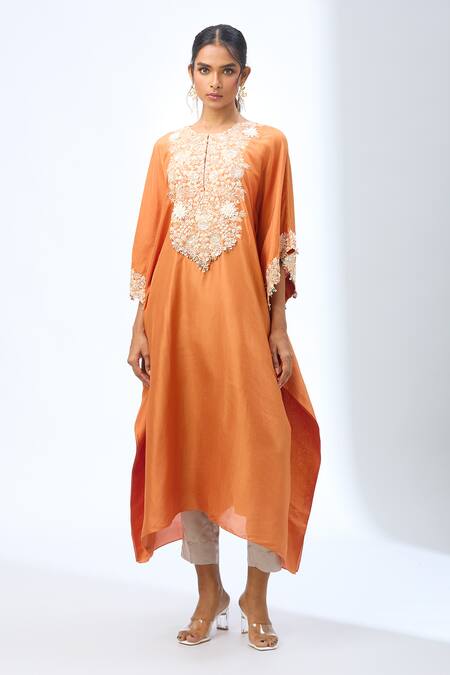 Buy Prisho Orange Tassels, Embroidery Round Neck 3d Flower Kaftan Set Online at Aza Fashions Buy_Prisho_Orange Tassels, Embroidery Round Neck 3d Flower Kaftan Set _Online_at_Aza_Fashions