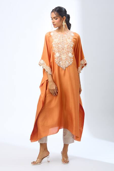Shop Prisho Orange Tassels, Embroidery Round Neck 3d Flower Kaftan Set Online at Aza Fashions Shop_Prisho_Orange Tassels, Embroidery Round Neck 3d Flower Kaftan Set _Online_at_Aza_Fashions
