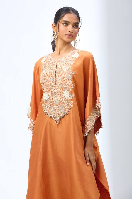Prisho Orange Tassels, Embroidery Round Neck 3d Flower Kaftan Set at Aza Fashions Prisho_Orange Tassels, Embroidery Round Neck 3d Flower Kaftan Set _at_Aza_Fashions