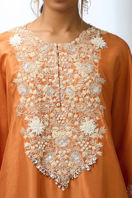 Shop Prisho Orange Tassels, Embroidery Round Neck 3d Flower Kaftan Set Shop_Prisho_Orange Tassels, Embroidery Round Neck 3d Flower Kaftan Set