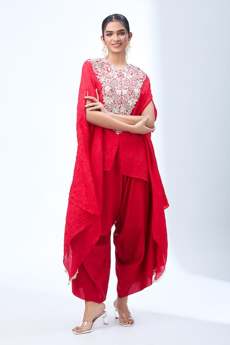 Shop Prisho Red Cotton Embroidery Round Neck Floral Kaftan And Draped Pant Online at Aza Fashions Shop_Prisho_Red Cotton Embroidery Round Neck Floral Kaftan And Draped Pant _Online_at_Aza_Fashions