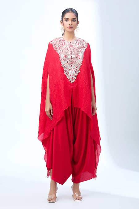 Prisho Red Cotton Embroidery Round Neck Floral Kaftan And Draped Pant at Aza Fashions Prisho_Red Cotton Embroidery Round Neck Floral Kaftan And Draped Pant _at_Aza_Fashions
