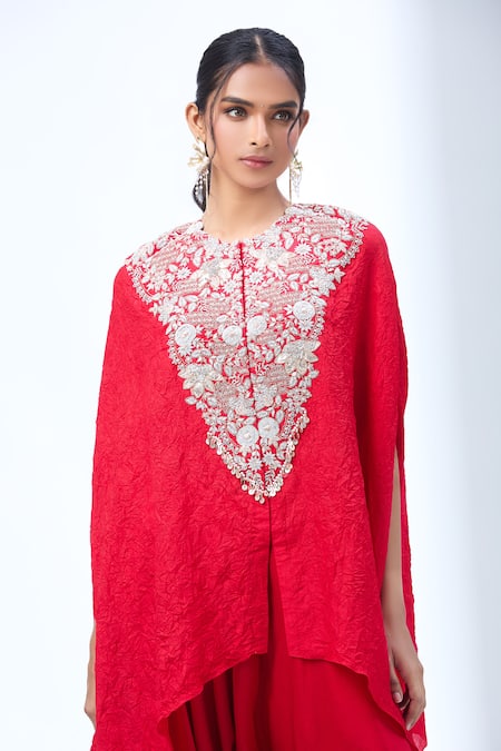 Buy Prisho Red Cotton Embroidery Round Neck Floral Kaftan And Draped Pant Buy_Prisho_Red Cotton Embroidery Round Neck Floral Kaftan And Draped Pant