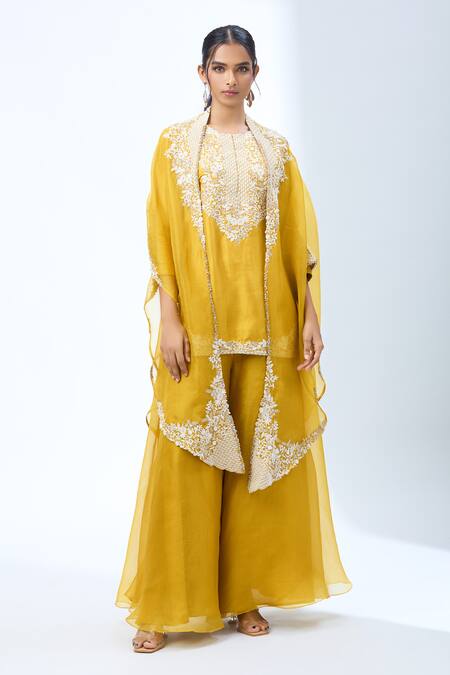 Buy Prisho Yellow Embroidery Round Neck Floral Kurta Set Online at Aza Fashions Buy_Prisho_Yellow Embroidery Round Neck Floral Kurta Set _Online_at_Aza_Fashions