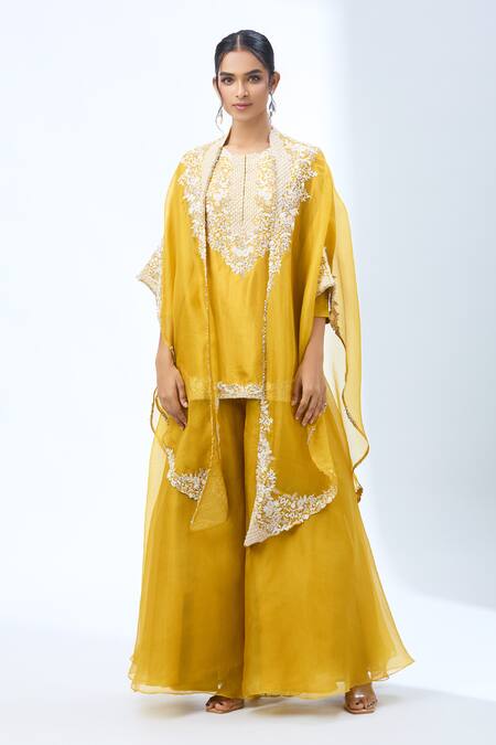 Shop Prisho Yellow Embroidery Round Neck Floral Kurta Set Online at Aza Fashions Shop_Prisho_Yellow Embroidery Round Neck Floral Kurta Set _Online_at_Aza_Fashions