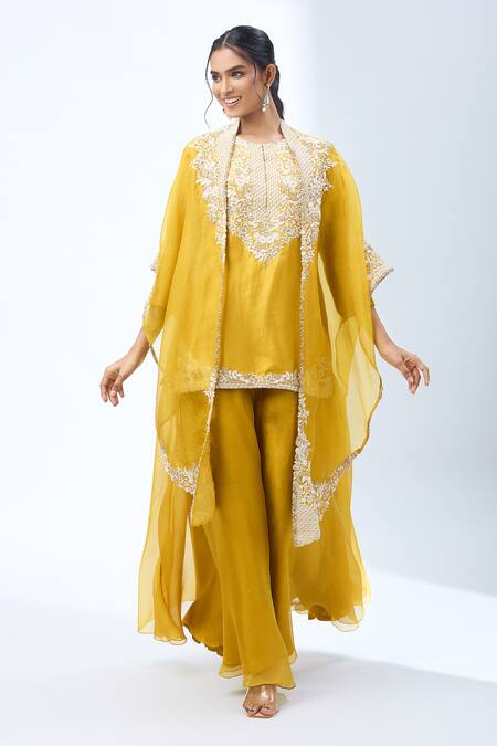 Prisho Yellow Embroidery Round Neck Floral Kurta Set at Aza Fashions Prisho_Yellow Embroidery Round Neck Floral Kurta Set _at_Aza_Fashions