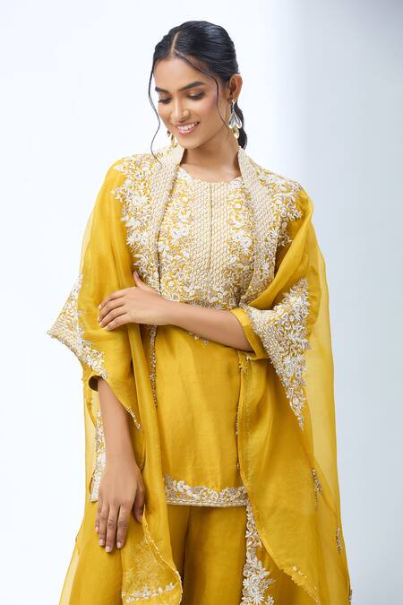 Buy Prisho Yellow Embroidery Round Neck Floral Kurta Set Buy_Prisho_Yellow Embroidery Round Neck Floral Kurta Set
