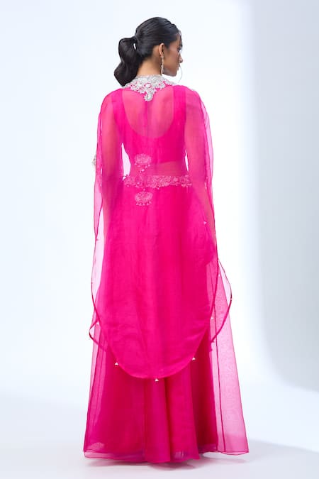 Prisho_Fuchsia Georgette Embroidery Round Neck Paisley Cape Lehenga Set _Online_at_Aza_Fashions