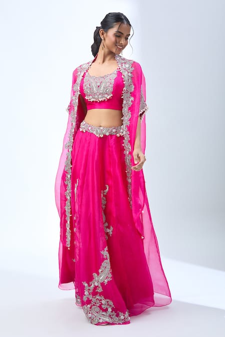 Buy_Prisho_Fuchsia Georgette Embroidery Round Neck Paisley Cape Lehenga Set _Online_at_Aza_Fashions