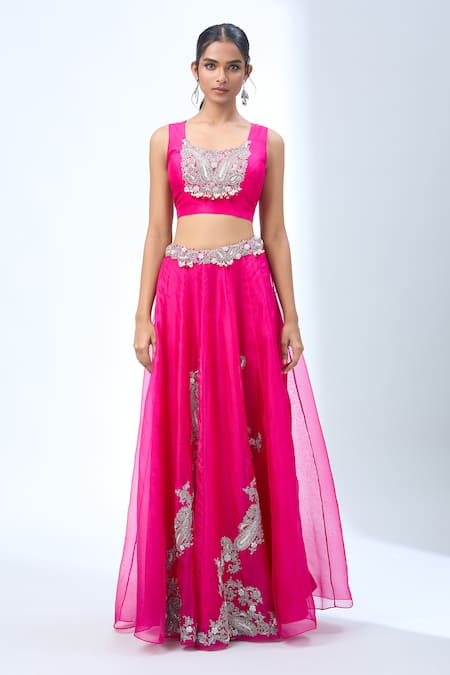Buy_Prisho_Fuchsia Georgette Embroidery Round Neck Paisley Cape Lehenga Set 